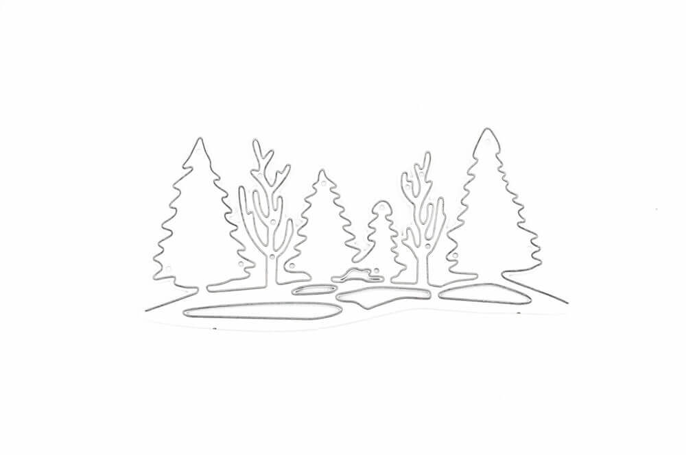 Umrisszeichnung von Kiefern und blattlosen Bäumen mit Bodenflecken, die an eine einfache Waldszene erinnern - eine ideale Inspiration für die Stanzschablone: Waldlandschaft im Winter von Stanzenshop.de.