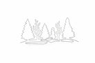 Umrisszeichnung von Kiefern und blattlosen Bäumen mit Bodenflecken, die an eine einfache Waldszene erinnern - eine ideale Inspiration für die Stanzschablone: Waldlandschaft im Winter von Stanzenshop.de.