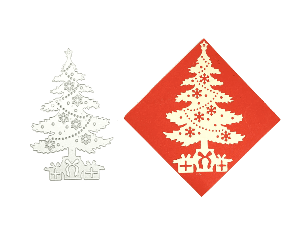 Zwei Stanzschablonen: Weihnachtsbaum mit Geschenken-Ausschnitten auf weißem Hintergrund von Stanzenshop.de.