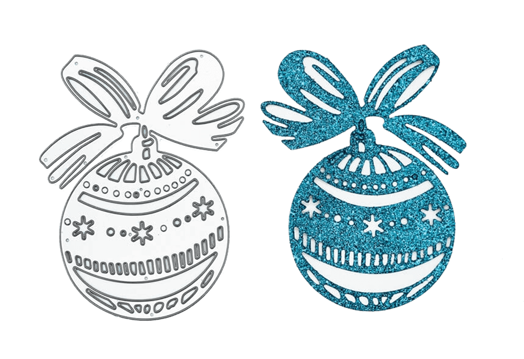 Die "Stanzschablone Weihnachtskugel mit Schleife" von Stanzenshop.de bietet zwei Ornamentdesigns - einmal als schlichter Umriss, einmal als blauer Glitzerausschnitt - ideal für Basteln Winter oder Stanzen Weihnachten.