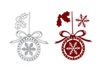Gestalten Sie festliche Karten mit der "Stanzschablone: Weihnachtskugel mit Schneeflocke und Band" von Stanzenshop.de-umfasst ein silbern umrandetes Stechpalmen- und Schneeflockendesign sowie ein einfarbig rotes Ornament, perfekt zum Basteln zu Weihnachten.