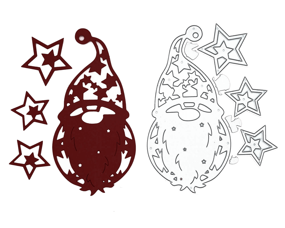 Die Stanzschablone "Weihnachtsmann mit drei Sternen" von Stanzenshop.de ist eine Metallstanze, die mit ihrem roten Ausschnitt und den Sternformen ideal zum Basteln im Winter oder als Weihnachtsmann Stanzschablone für Stanzen Weihnachten geeignet ist.