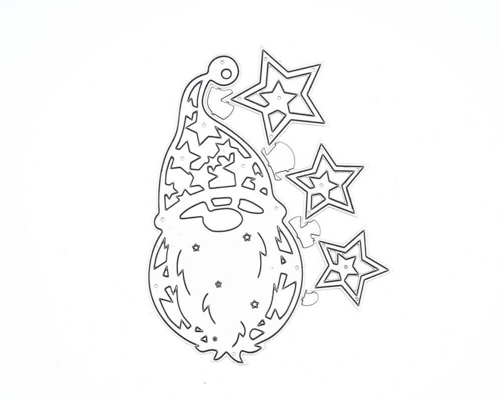 Die Stanzschablone "Weihnachtsmann mit drei Sternen" von Stanzenshop.de zeigt einen Wichtel mit langem Bart und spitzer Mütze, dazu drei Sterne - ideal zum Basteln im Winter oder für Ihre Stanzen-Weihnachtssammlung.