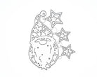 Die Stanzschablone "Weihnachtsmann mit drei Sternen" von Stanzenshop.de zeigt einen Wichtel mit langem Bart und spitzer Mütze, dazu drei Sterne - ideal zum Basteln im Winter oder für Ihre Stanzen-Weihnachtssammlung.