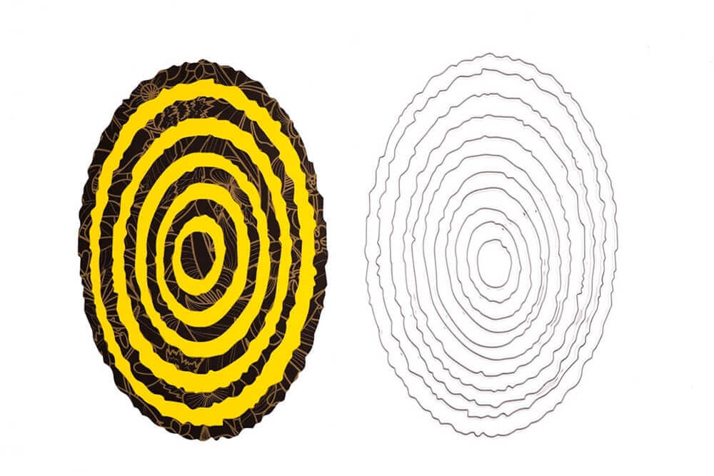Die Stanzenshop.de Stanzschablone Wellenkreise in Elfengrößen zeigt ein gelb-schwarzes Spiralmuster auf weißem Hintergrund.