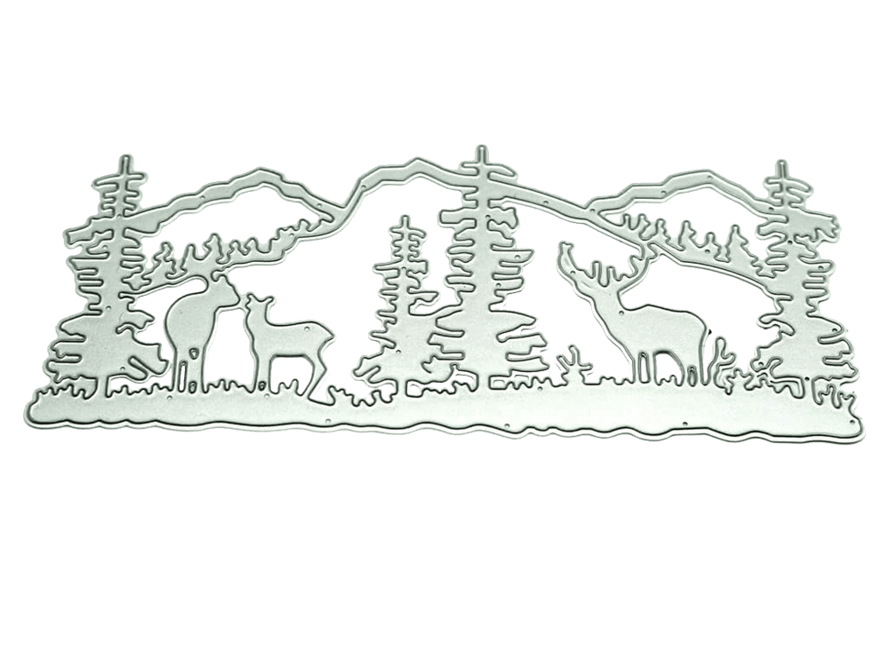 Eine winterliche Silhouette eines Hirsches im Wald, perfekt zum Basteln mit der Stanzschablone Winterlandschaft mit Bergen und Tieren von Stanzenshop.de.