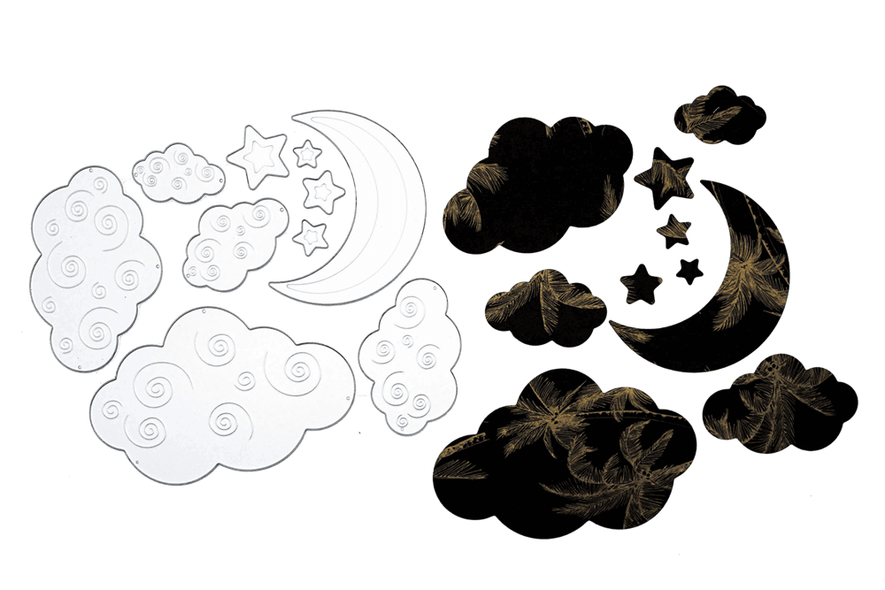 Das Stanzschablone Wolken und Mond Set von Stanzenshop.de ist auf schwarzem Hintergrund abgebildet.
