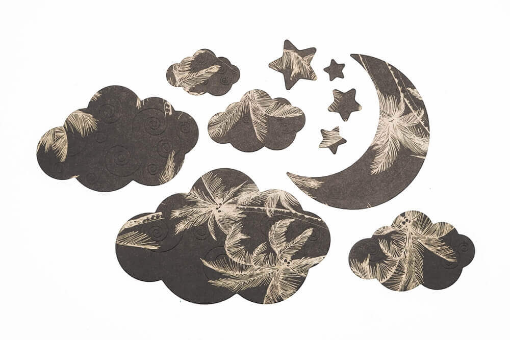 Das Stanzenshop.de Stanzschablone Wolken und Mond Set enthält Wolken, Sterne und Mondsicheln mit Federmuster - ideal für Scrapbooking oder Basteln Weihnachten.