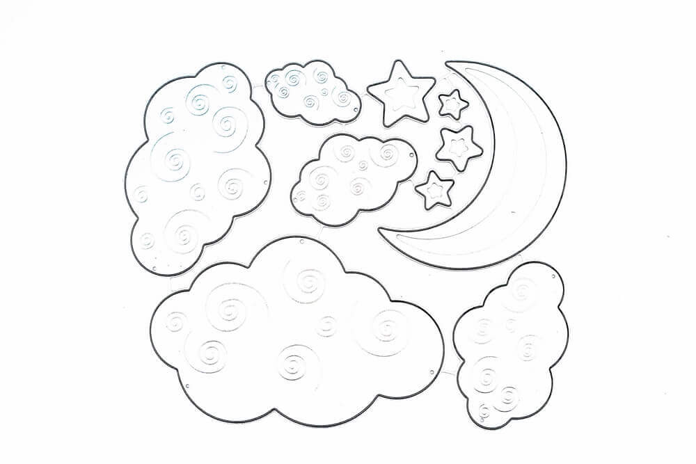 Eine Zeichnung der Stanzschablone Wolken und Mond Set Wolken, Sterne und ein Mond von Stanzenshop.de.