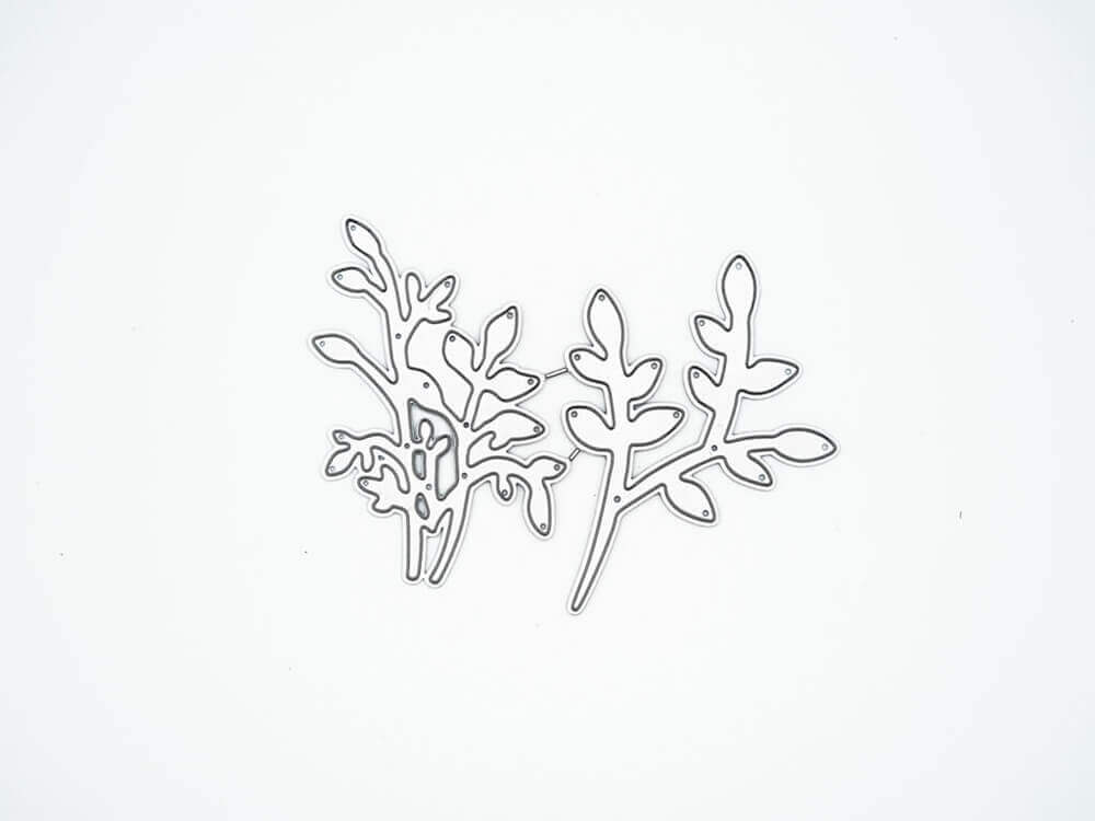 Zwei dünne metallische Formen aus der Stanzschablone von Stanzenshop.de: Zwei Eukalyptus Sträuche sind auf weißem Hintergrund abgebildet - ideal für Scrapbooking und Bastelprojekte.