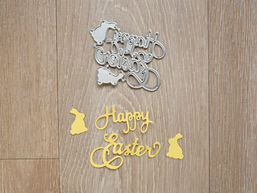 Größenangabe für Stanzschablone: Zwei Hasen und Schriftzug "Happy Easter