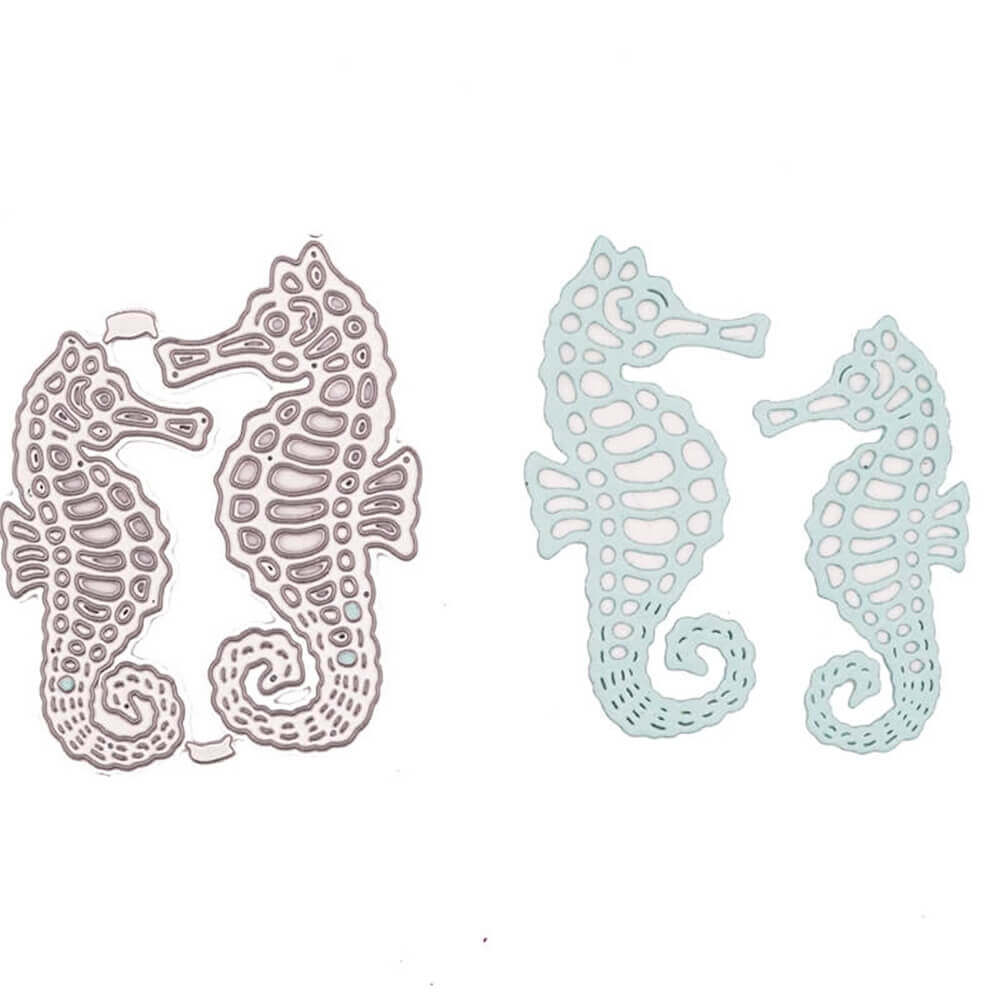 Stanzenshop.de Stanzschablone Zwei Seepferdchen: Zwei Paar Seepferdchen, eines metallisch mit Aussparungen, das andere hellblau und passend dazu. Perfekt zum Basteln oder als süßer Akzent fürs Scrapbooking!.