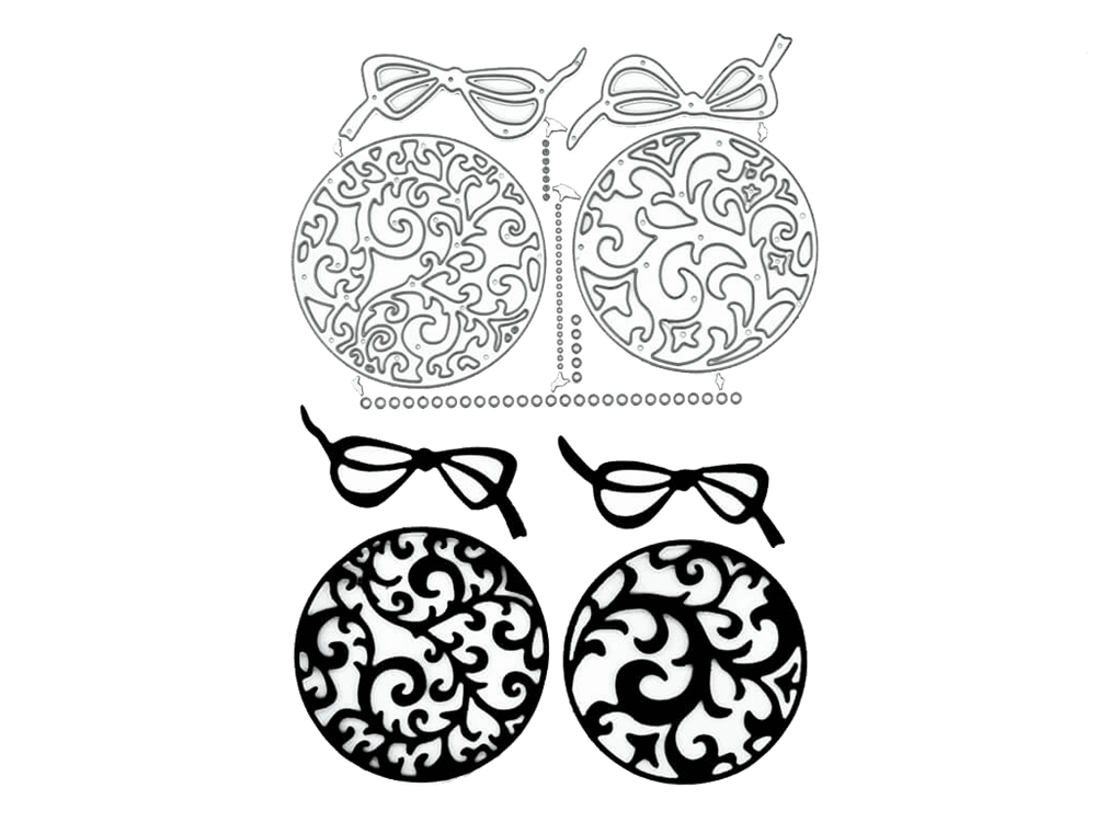 Ein Schwarz-Weiß-Bild von zwei Weihnachtskugeln-Ornamenten auf schwarzem Hintergrund, Stanzschablone: Zwei Weihnachtskugeln von Stanzenshop.de,