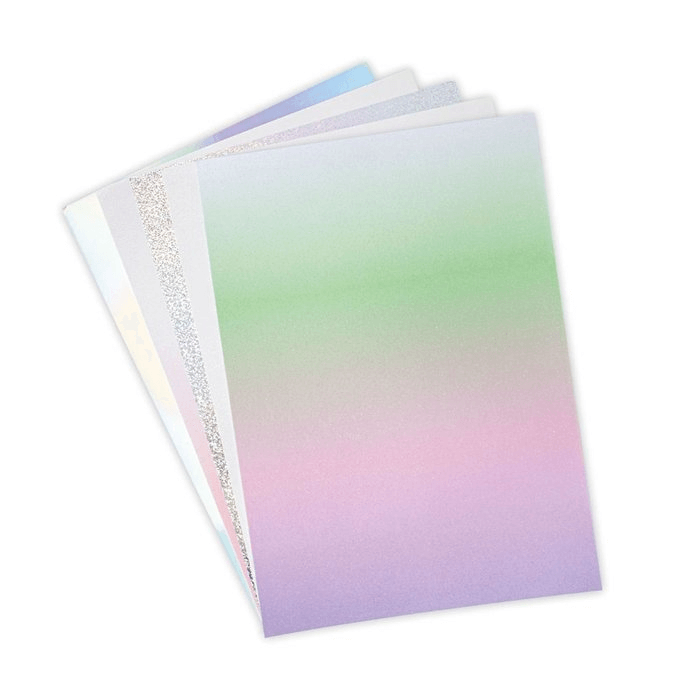 Ein Stapel Sizzix • Surfacez Opulenter Karton A4 Mystisch 50 Blatt Papiere mit verschiedenen Farben darauf.