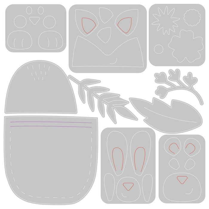 Ein weißes Blatt mit verschiedenen Formen und Ausschnitten, Thinlits Die Set 10PK Pocket Pals von Olivia Rose Produktabmessungen: LxBxH. Sizzix