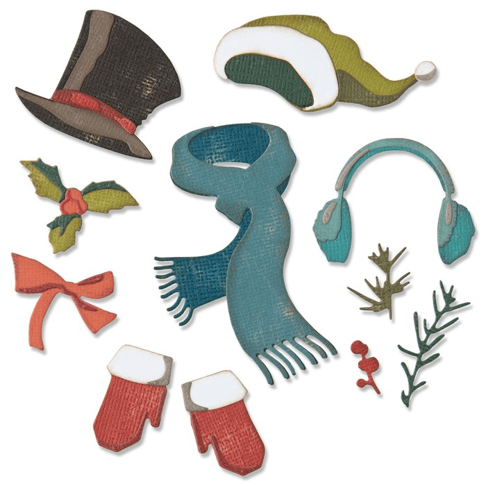 Eine Kollektion von Wintergarderobe-Accessoires, darunter Mützen, Schals, Handschuhe und Fäustlinge von Tim Holtz Thinlits Die Set 11PK von Sizzix.