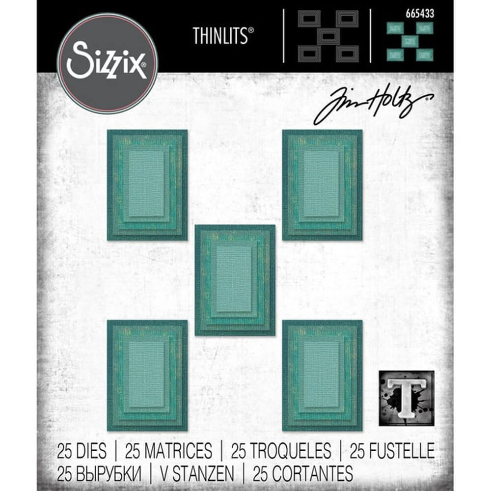 Ein Satz von vier Stanzschablonen Thinlits Die Set 25 Karten mit einem blaugrünen Hintergrund, hergestellt von Sizzix.
