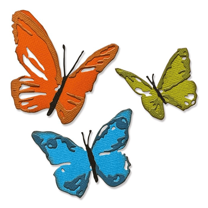 Drei Stanzen Stanzen Set 3PK Pinselstrich Schmetterlinge von Tim Holtz auf weißem Hintergrund.