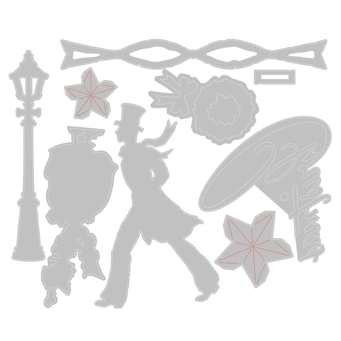 Die Sizzix 665584 Thinlits 9PK Vault Series: Weihnachten 2021 von Tim Holtz enthält Metallschneideformen in Lampen-, Blumen- und Männer-Design, ideal für kreative Bastelprojekte. Kompakt von der Marke Sizzix.