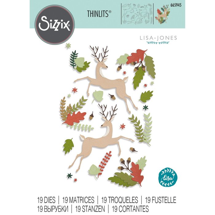 Ein Satz Sizzix • Thinlits Stanzformen-Set Entzückender Hirsch mit Blättern und Blättern.