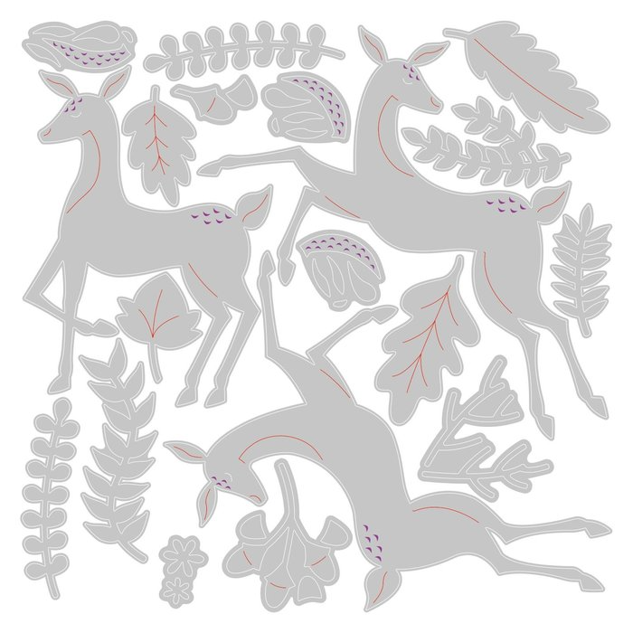 Ein weißes Blatt mit Sizzix • Thinlits Die Set Delightful Deer und Blättern darauf.