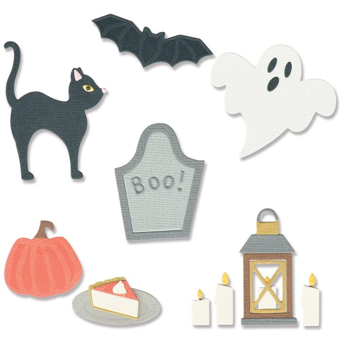Eine Sammlung von Sizzix Thinlits Die Set Halloween Motifs-Dekorationen, darunter eine Katze, ein Kürbis und eine Kerze.