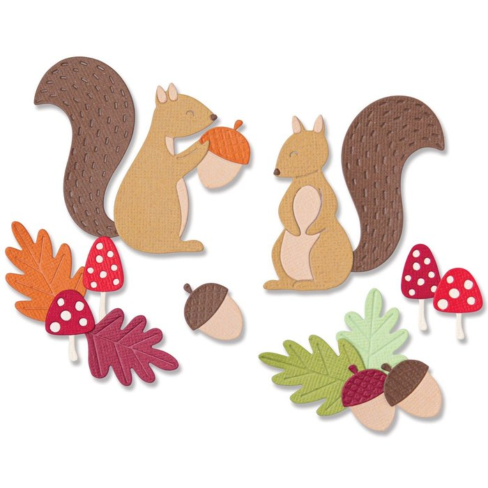 Sizzix 665952 Thinlits Harvest Squirrels von Sizzix zeigt zwei Cartoon-Eichhörnchen mit Eicheln, bunten Blättern und roten Pilzen mit weißen Flecken auf einem weißen Hintergrund in einem 5 x 2 Muster.