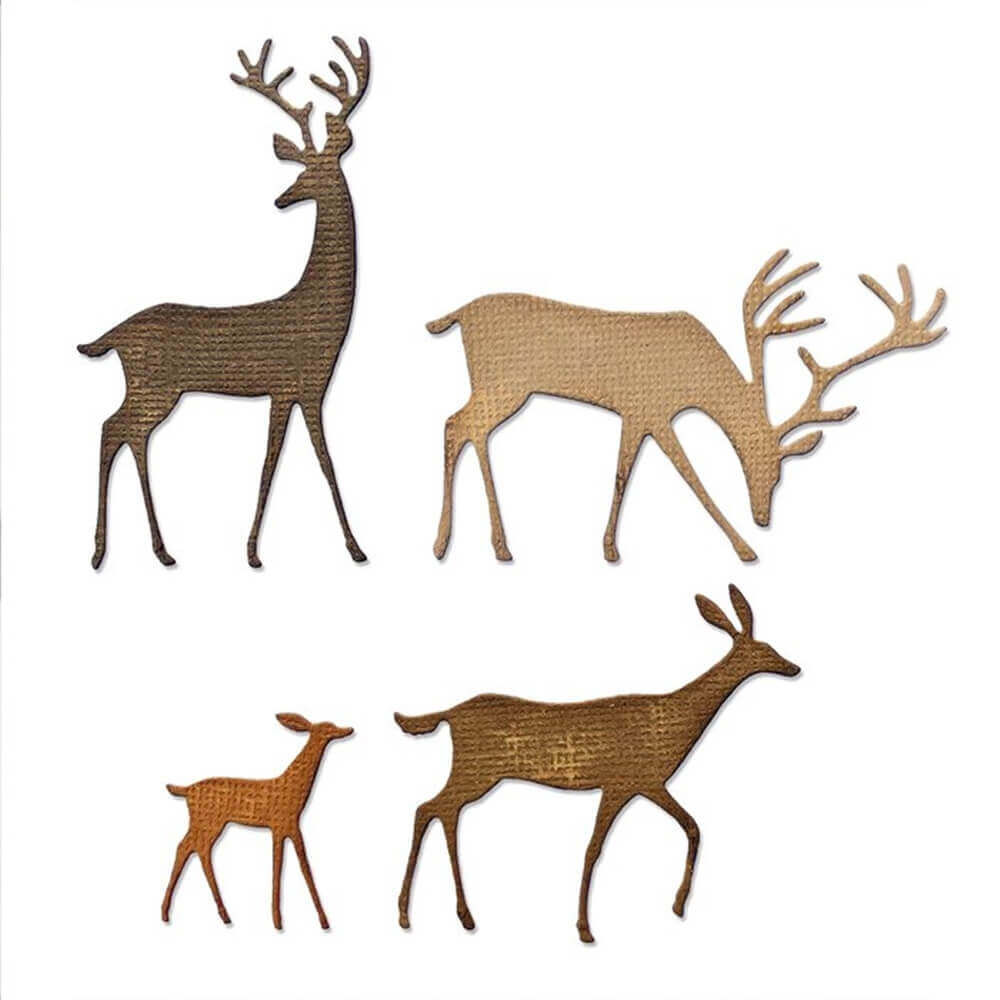 Das Set Sizzix 664968 Thinlits 4PK Darling Deer von Tim Holtz enthält vier Metallic-Hirsche in verschiedenen Größen und Posen - ideal für Projekte im Bereich Papierhandwerk oder Kartenherstellung von Sizzix.
