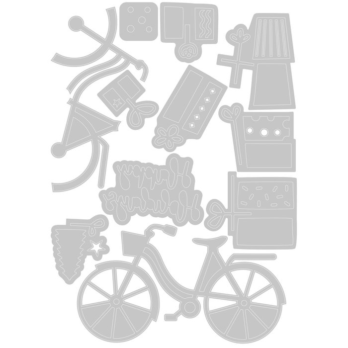 Ein Satz Sizzix • Thinlits Stanzschablonen Bike with Gifts mit einem Fahrrad und anderen Gegenständen.