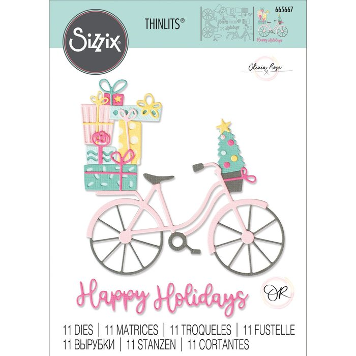 Sizzix • Thinlits Stanzschablonen Fahrrad mit Geschenken – Frohe Feiertage – Fahrrad.