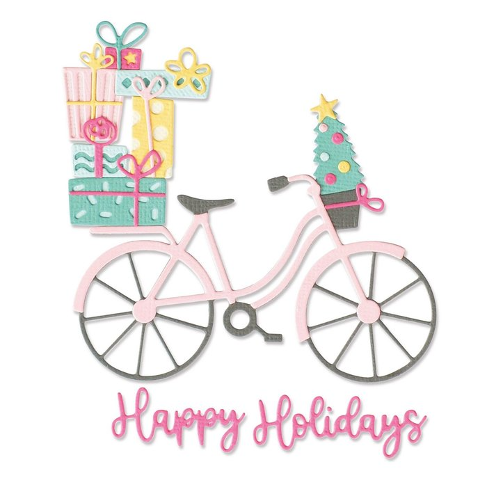 Ein Sizzix • Thinlits Stanzschablonen Fahrrad mit Geschenken.