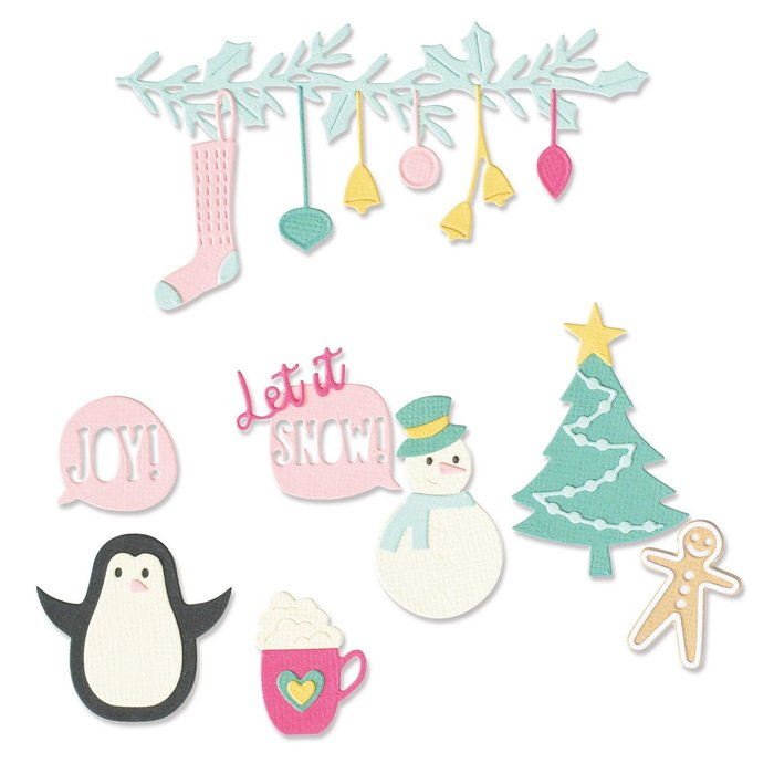 Eine Sammlung von Sizzix • Thinlits Stanzschablonen Christmas Joy-Dekorationen, darunter Pinguine, Pinguine und Schneemänner.