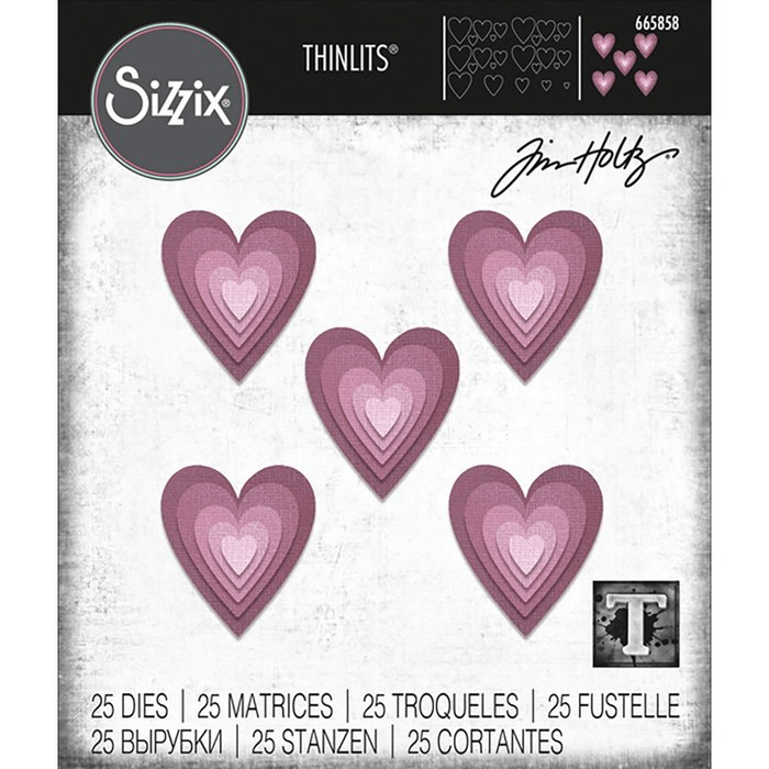 Sizzix • Thinlits Stanzschablonen-Set, 25 Stk. Gestapelte Fliesenherzen von Tim Holtz | BigShot kompatibel | Für alle gängigen Stanzmaschinen geeignet - rosa.
