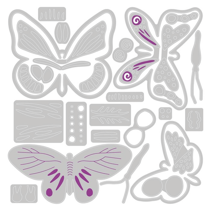 Ein Thinlits Stanzschablonen-Set, 29er-PK Gemusterte Schmetterlinge von Jenna Rushforth in Silber und Lila mit Produktabmessungen von Sizzix.
