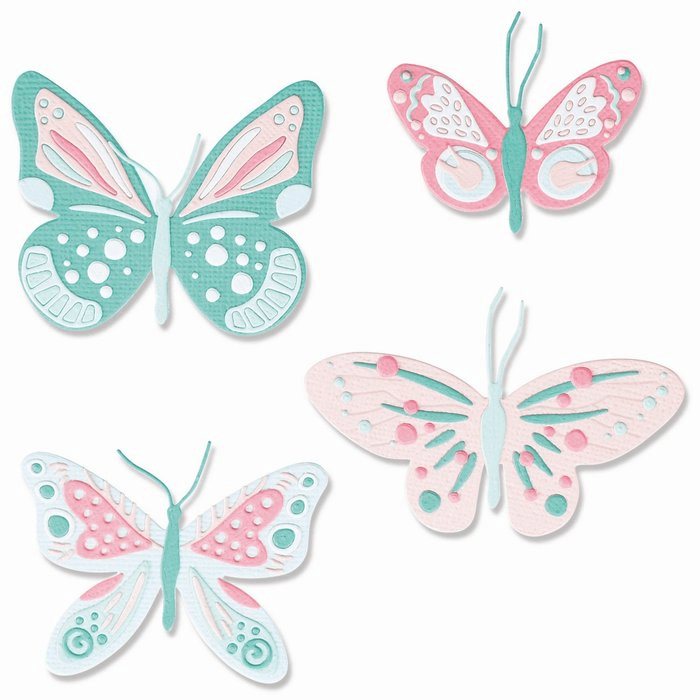 Ein Stanzschablonen-Set aus gemusterten Schmetterlingen in verschiedenen Farben, darunter Pink, Blau und Grün von Jenna Rushforth von Sizzix.
