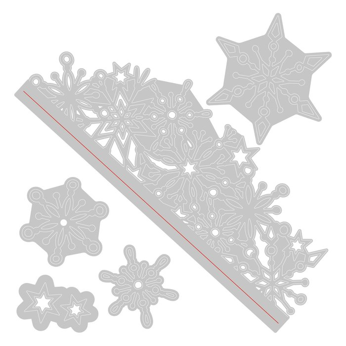 Ein Satz Sizzix • Thinlits Stanzschablonen Snowflake Edge auf weißem Hintergrund.