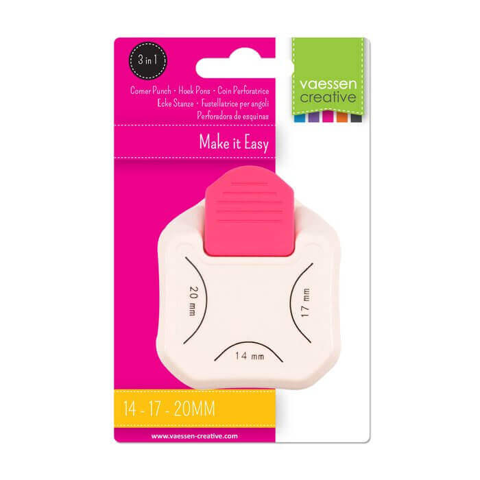 Mit dem Vaessen Creative - 3-in-1 Eckenstanzer 14-17-20mm von Vaessen Creative können Sie abgerundete Ecken der Größen 14, 17 und 20 mm stanzen. Wird in einer Verpackung geliefert.