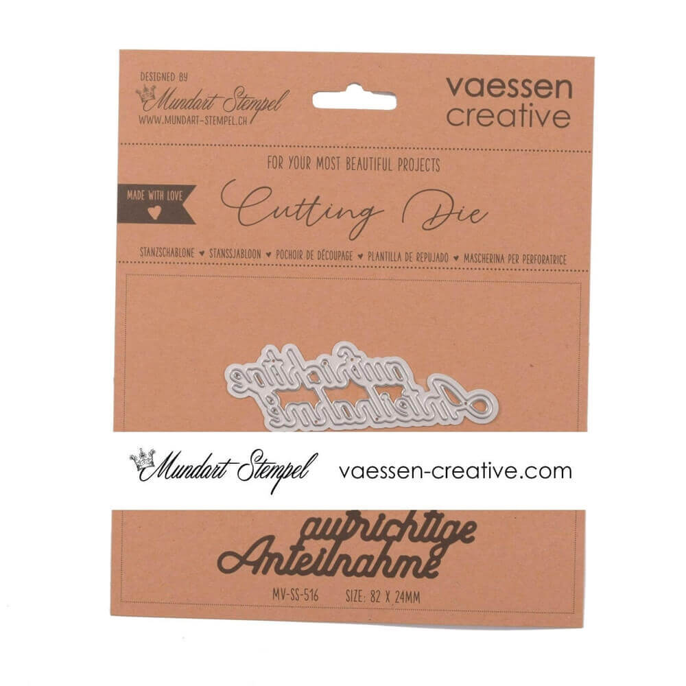 Die Vaessen Creative Stanzschablone Schriftzug "aufrichtige Anteilnahme" ist ideal zum Basteln von einfühlsamen Beileidskarten und sorgt für kreative, persönliche Trauerbekundungen.