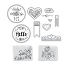 Das Sizzix 661770 Sidekick Starter-Kit (Weiß & Grau) von Sizzix enthält dekorative Stempel und Schablonen mit floralen Motiven, Herzen, "Danke"- und "Hallo"-Kreisen, einem Lesezeichen und einer "Happy Birthday"-Tortenillustration.