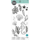 Das Sizzix 666669 Clear Stamp Set Ocean Elements (15 Stück) zeigt Meerestiere, Muscheln, Seesterne, Seifenblasen, Algen und Korallen in schwarzer Linienführung - ideal für Ihr nächstes kreatives Projekt. Marke: Sizzix.