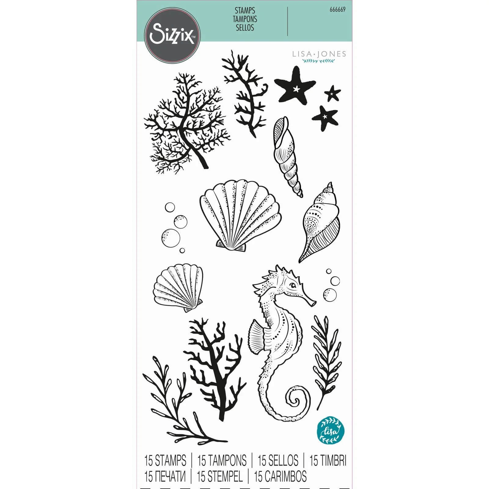 Das Sizzix 666669 Clear Stamp Set Ocean Elements (15 Stück) zeigt Meerestiere, Muscheln, Seesterne, Seifenblasen, Algen und Korallen in schwarzer Linienführung - ideal für Ihr nächstes kreatives Projekt. Marke: Sizzix.