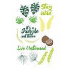 Tropische Blätter, Kokosnüsse und gelbe Wedel mit "Stay Wild" in grünem und gelbem Text - ideal für die Verwendung mit dem Sizzix 666660 - Clear Stamp Set Stay Wild 18pcs von Sizzix.