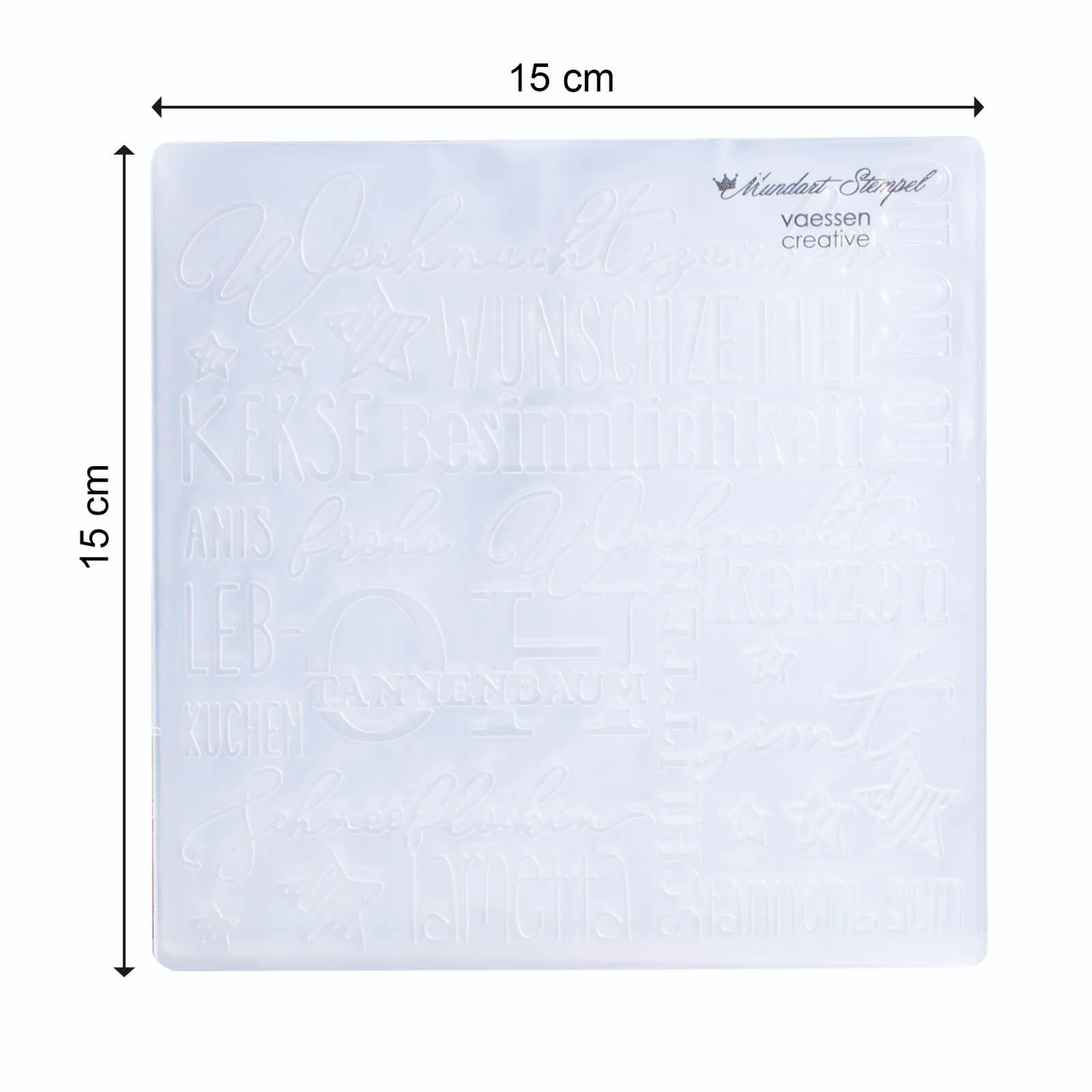 Mundart Stempel Prägeschablone "Weihnachten": Weiße 15x15 cm Präge-Schablone mit deutschen Weihnachtsworten in verschiedenen Schriftarten. Kompatibel mit Präge- und Stanzmaschinen wie Sizzix BigShot.