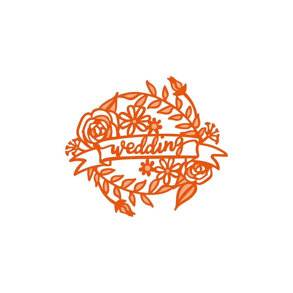 Ein orangefarbenes Logo mit dem Wort Wedding für Tonic Studios • Essentials Miniature Moments Stanzschablone Wedding.