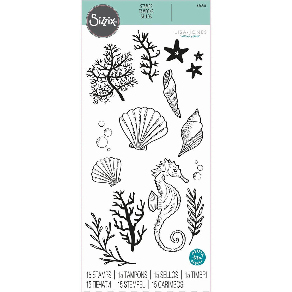 Tauchen Sie ein in das Unterwasserwunder mit dem Sizzix Clear Stamp Set Ocean Elements 15-teilig von Sizzix! Dieses Set mit 15 Meeresstempeln enthält Bilder von Seetang, Muscheln, einem Seepferdchen und Sternen.