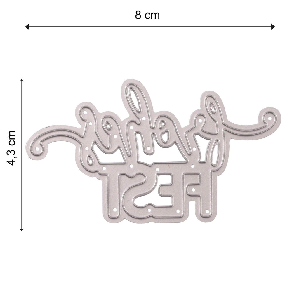 Ein Metallstanzling aus der Mundart Stempel-Kollektion von Sizzix mit den Maßen 3 x 8 cm in der Breite und 4,3 cm in der Höhe, mit dem umgekehrten Text „frohes Fest“.