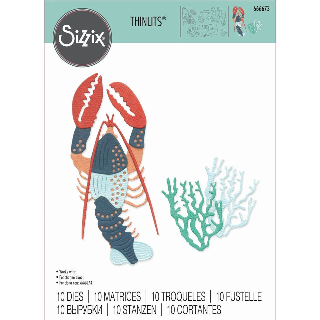 Verpackung des Sizzix Thinlits Die Set Ocean Critters 10-tlg. mit 10 Stanzformen, darunter ein Hummer- und ein Korallendesign, mit dem Produktcode 666673. Diese Stanzformen sind ideal für kreative Bastelprojekte, Sizzix Sidekick-kompatibel und mit bestimmten Stanzmaschinen kompatibel.