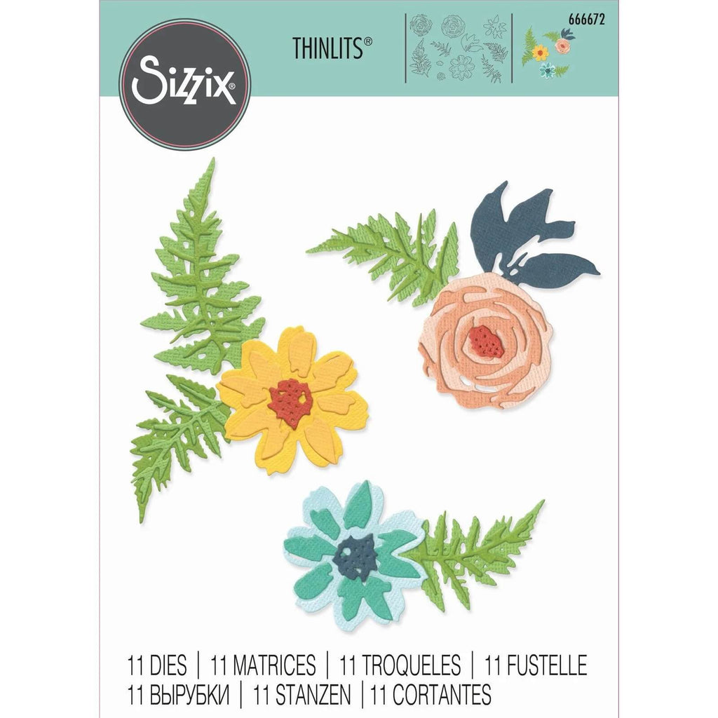 Bild des 11-teiligen Sizzix Thinlits Die Set Flowers & Farn mit drei Papierblumen und -blättern sowie Text, der darauf hinweist, dass das Set 11 Stanzformen enthält, und Übersetzungen in mehrere Sprachen. Dieses Set verspricht ein herrliches Bastelerlebnis für Bastler.